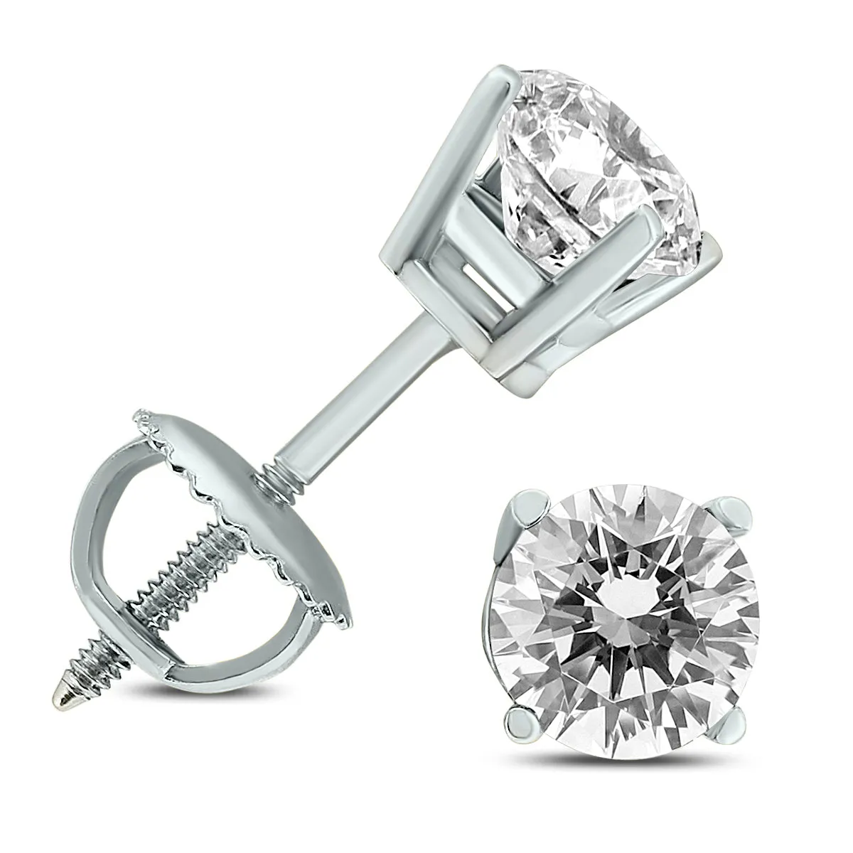 1/2 Carat Tw Ags Certified Round Diamond Solitaire Stud Earrings In 14K White Gold With Screw Backs