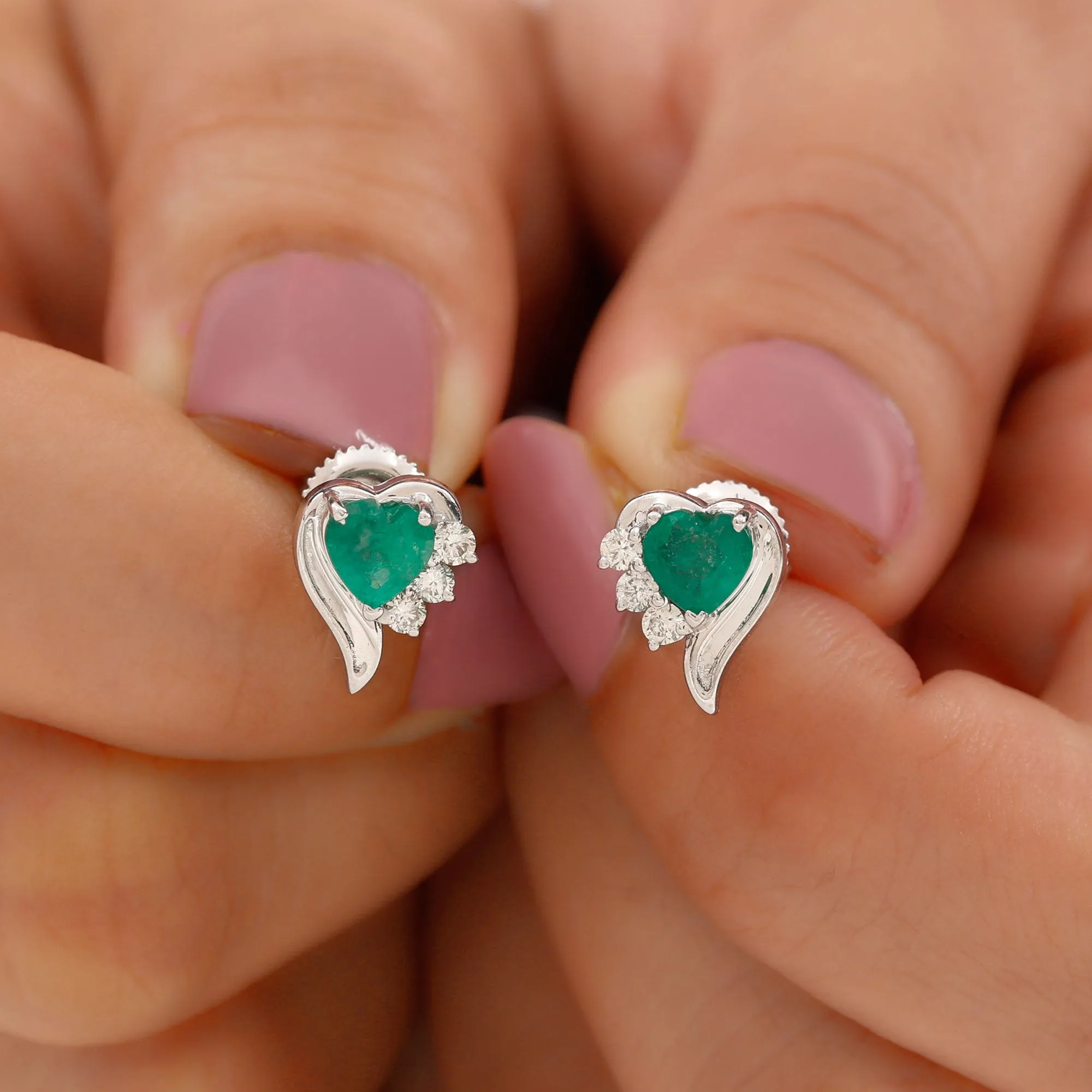 1.25 CT Emerald and Diamond Heart Stud Earrings