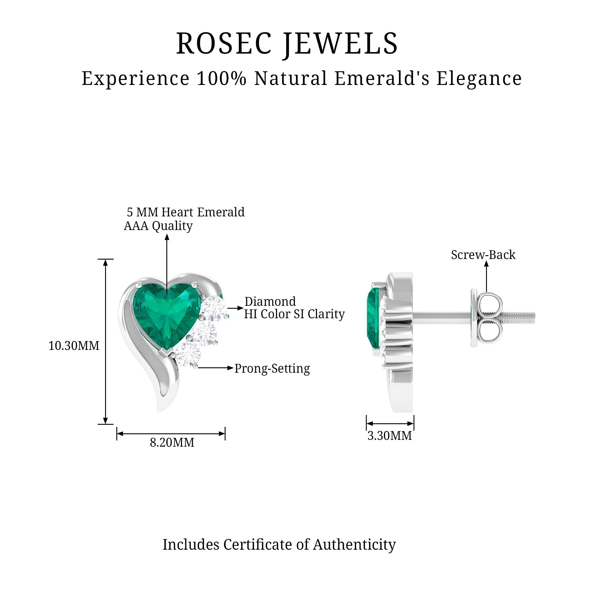 1.25 CT Emerald and Diamond Heart Stud Earrings