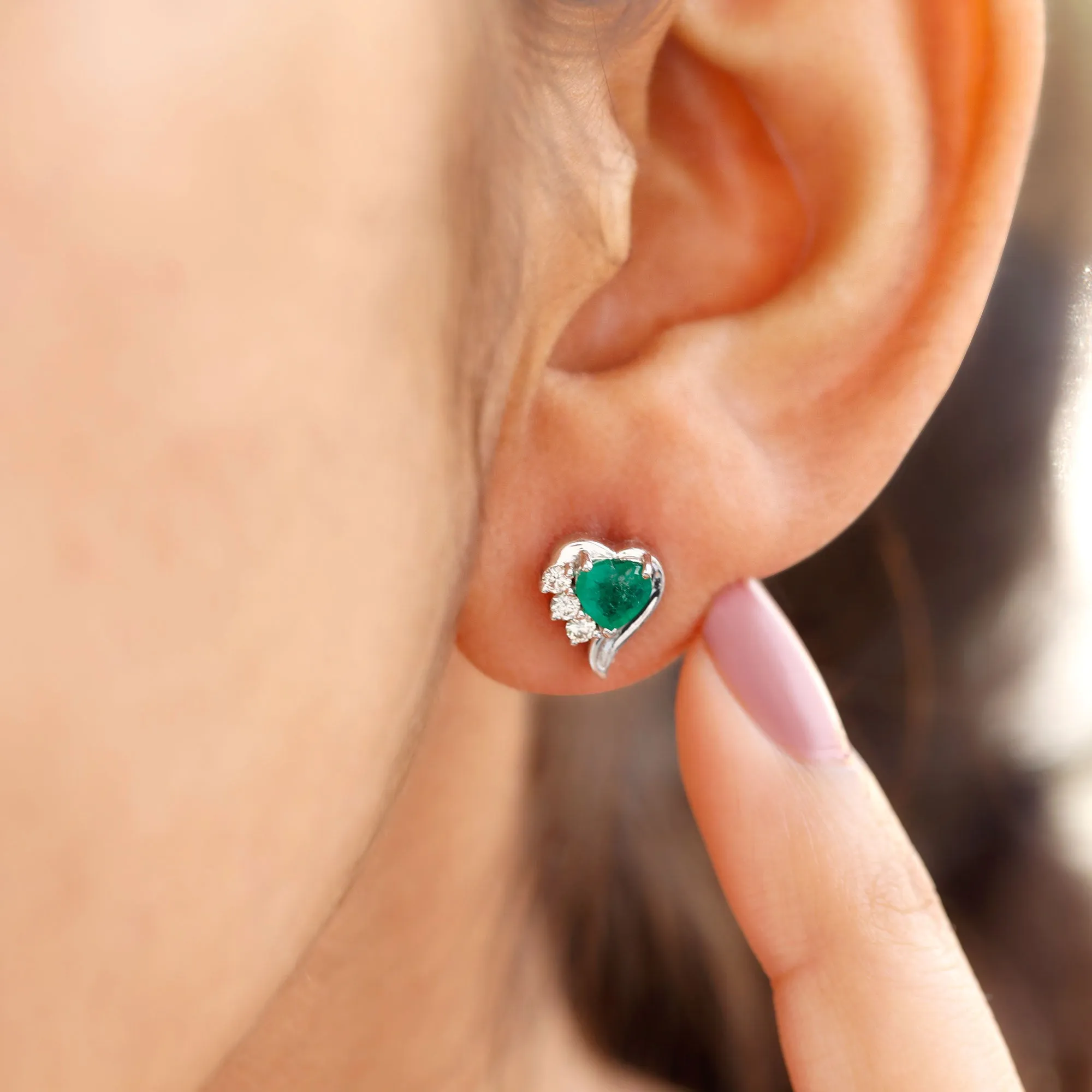 1.25 CT Emerald and Diamond Heart Stud Earrings