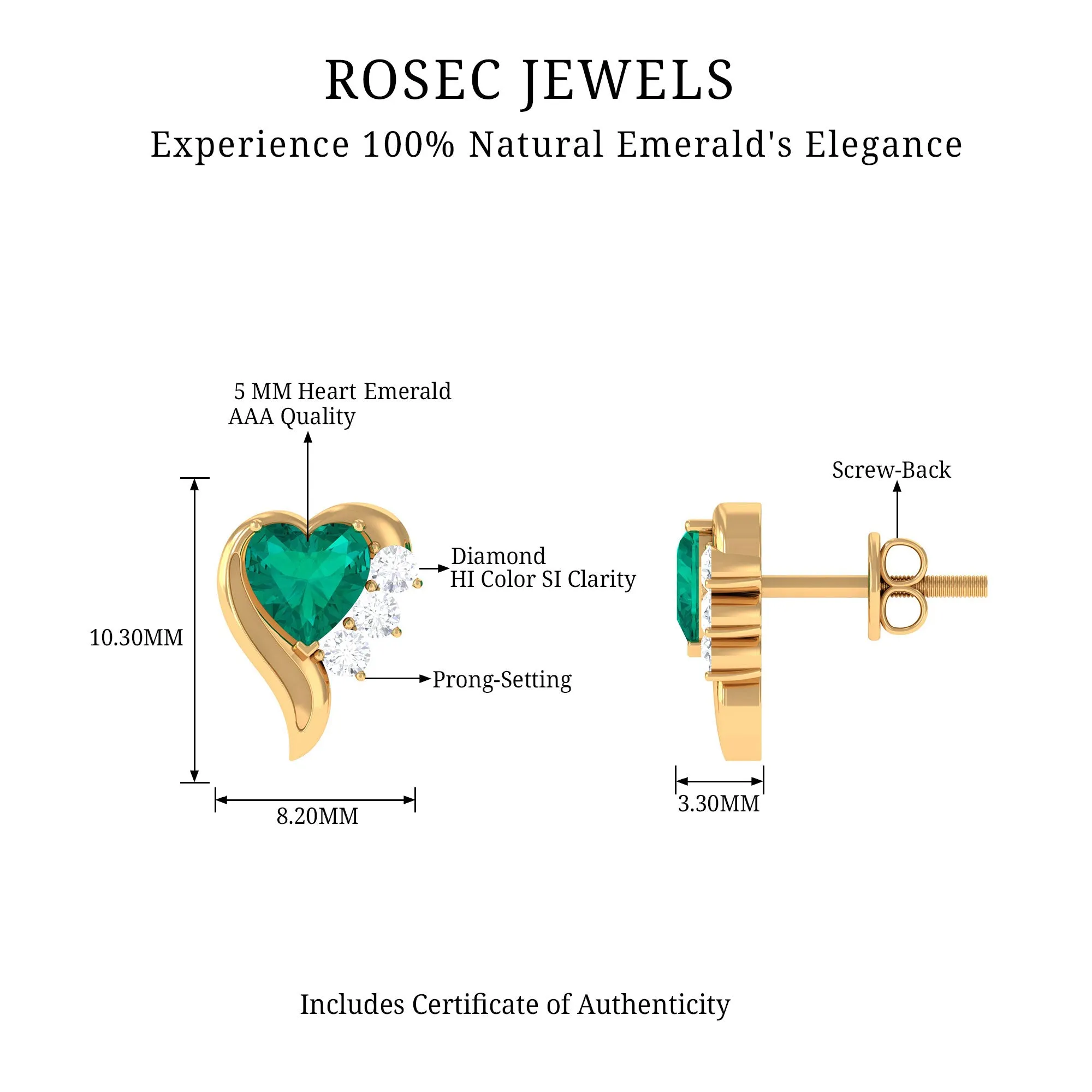 1.25 CT Emerald and Diamond Heart Stud Earrings