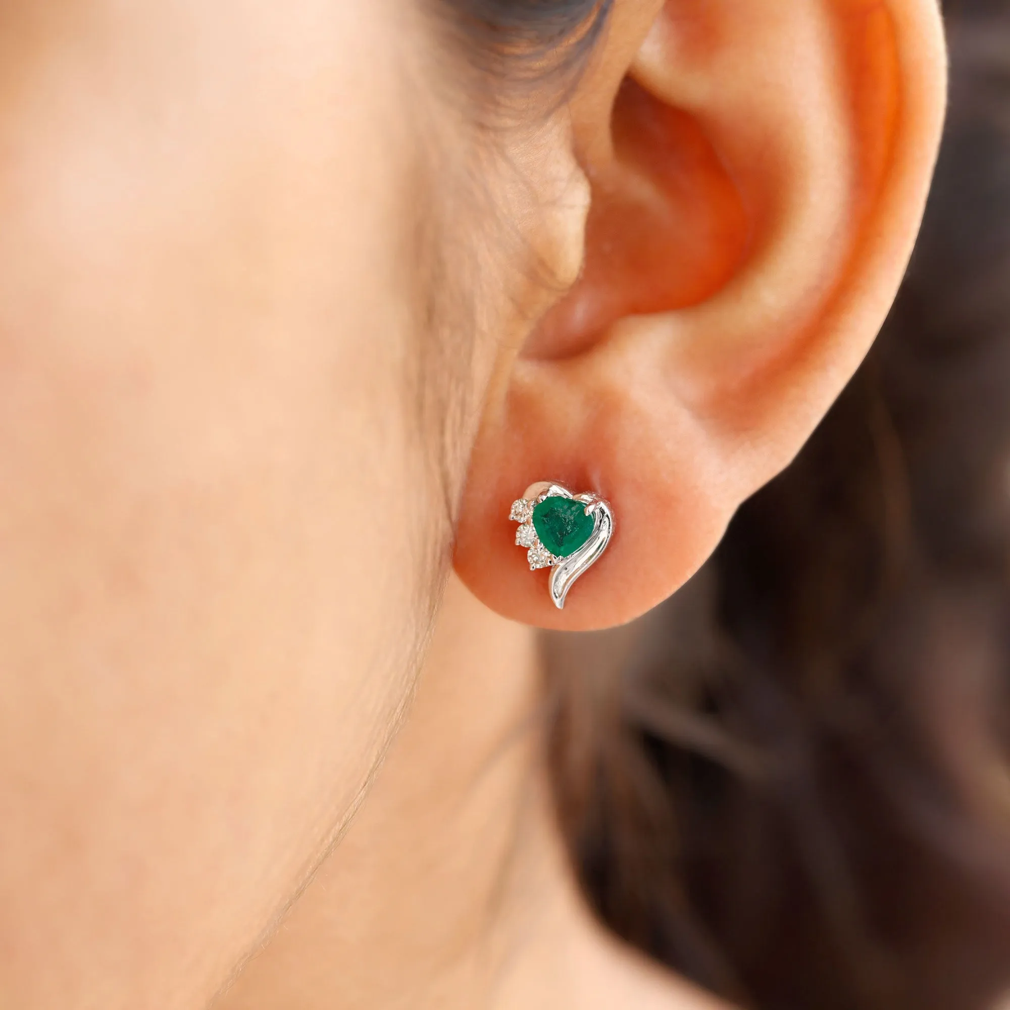 1.25 CT Emerald and Diamond Heart Stud Earrings