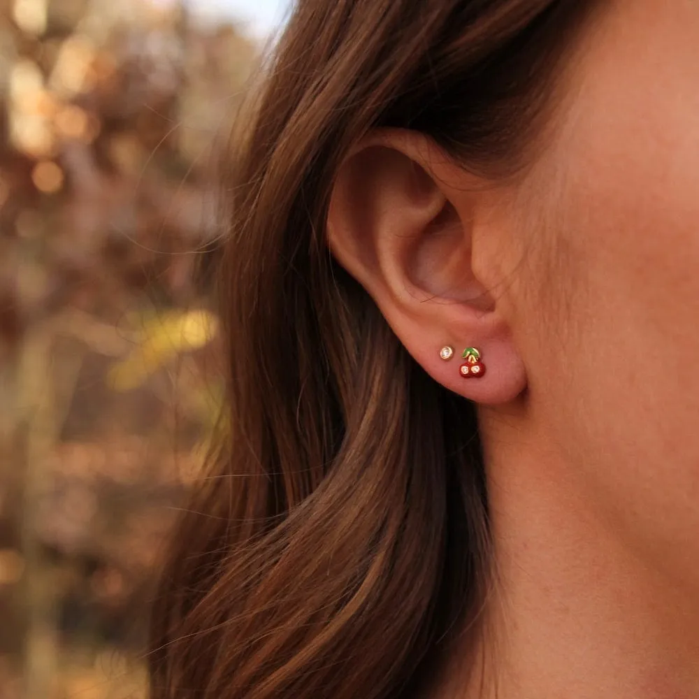 14K Gold Enamel Cherry Post Earrings