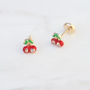14K Gold Enamel Cherry Post Earrings