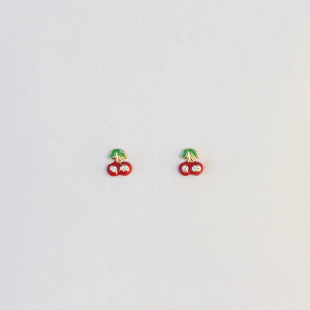 14K Gold Enamel Cherry Post Earrings