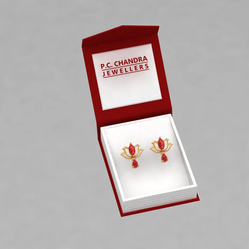 14k Lotus Shaped Gold Earrings With Red Stones