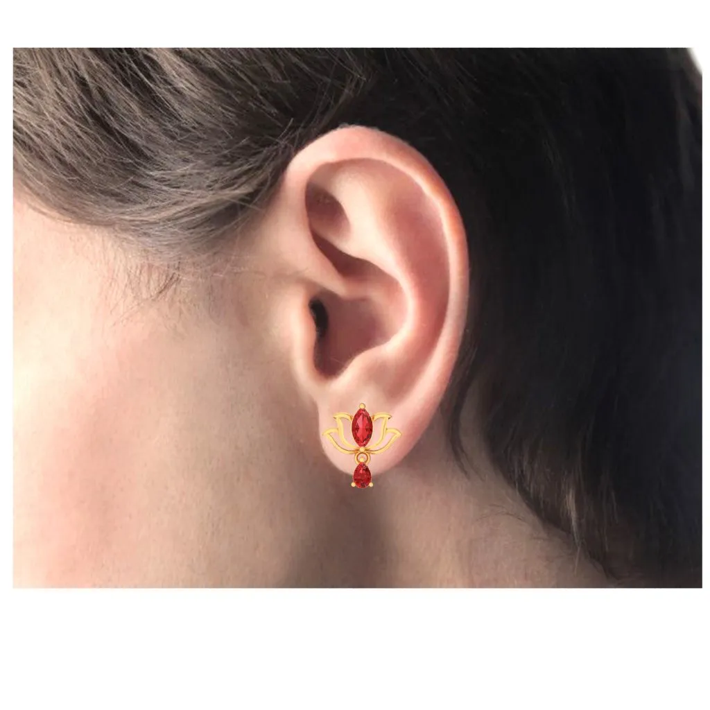 14k Lotus Shaped Gold Earrings With Red Stones