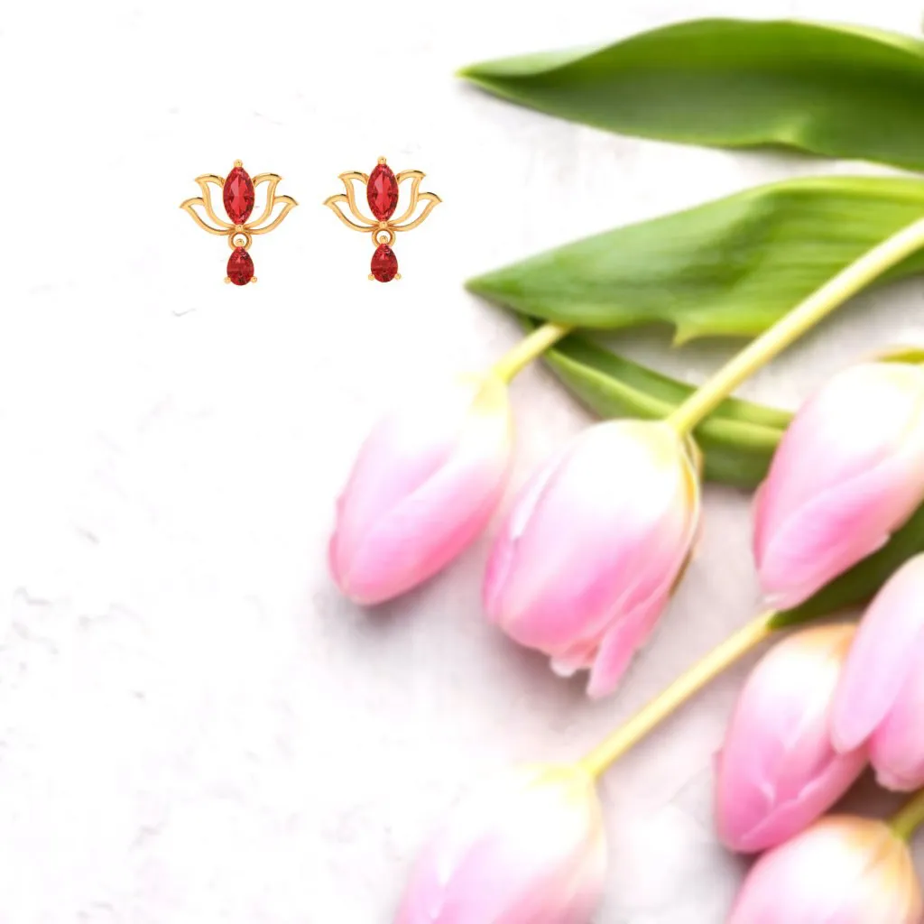14k Lotus Shaped Gold Earrings With Red Stones