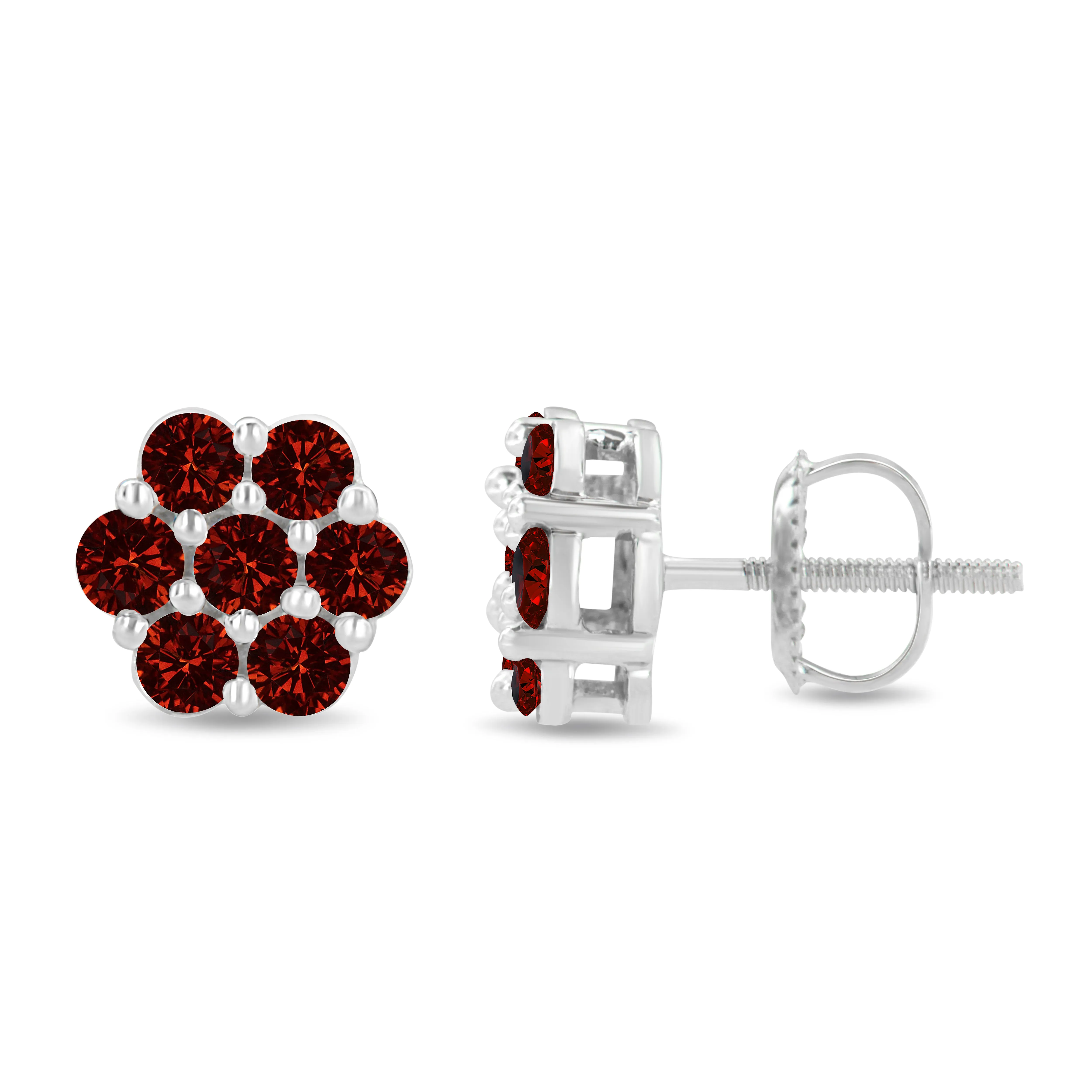 14K White Gold 1.0 Cttw Treated Red Diamond Prong Set 7 Stone Floral Stud Earrings