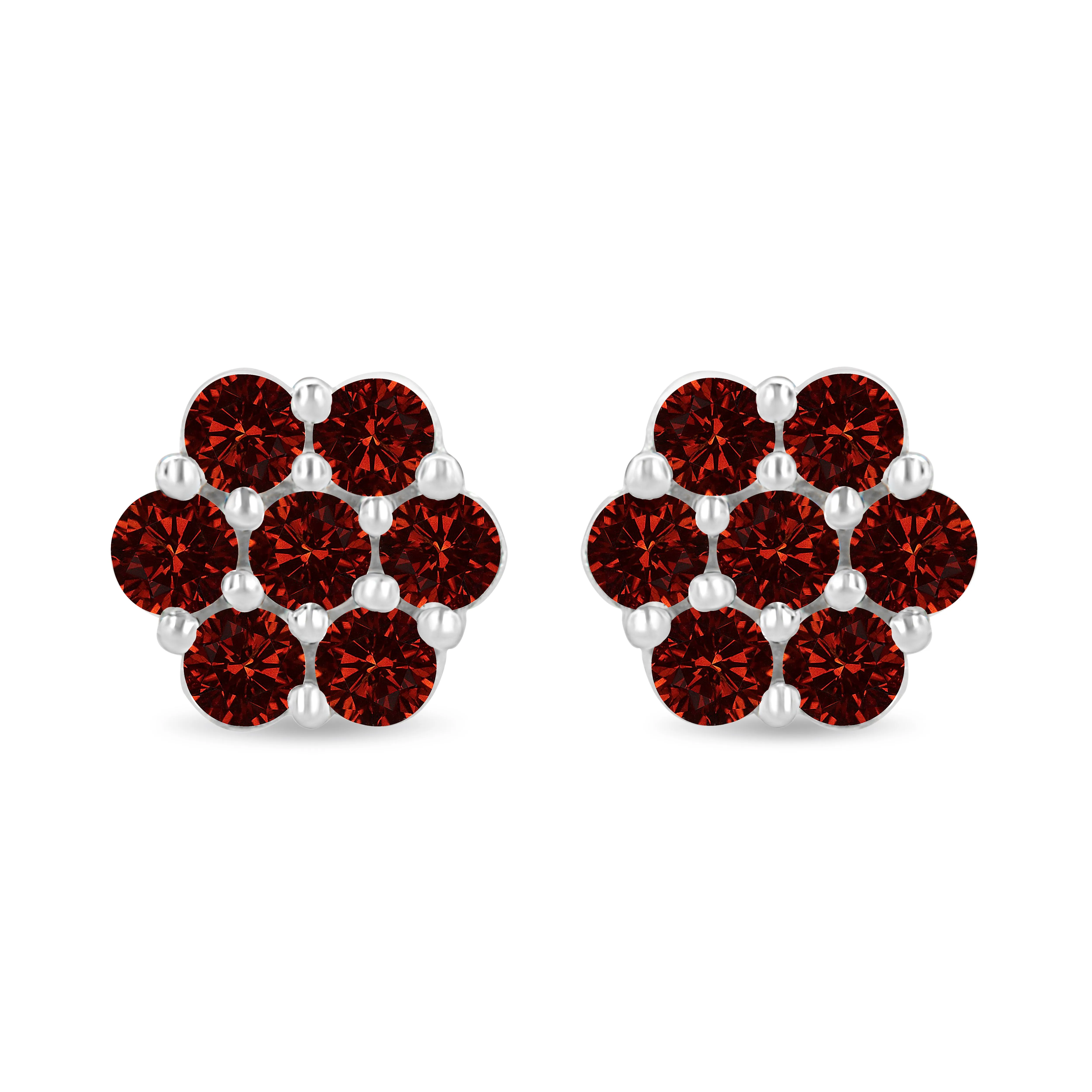 14K White Gold 1.0 Cttw Treated Red Diamond Prong Set 7 Stone Floral Stud Earrings
