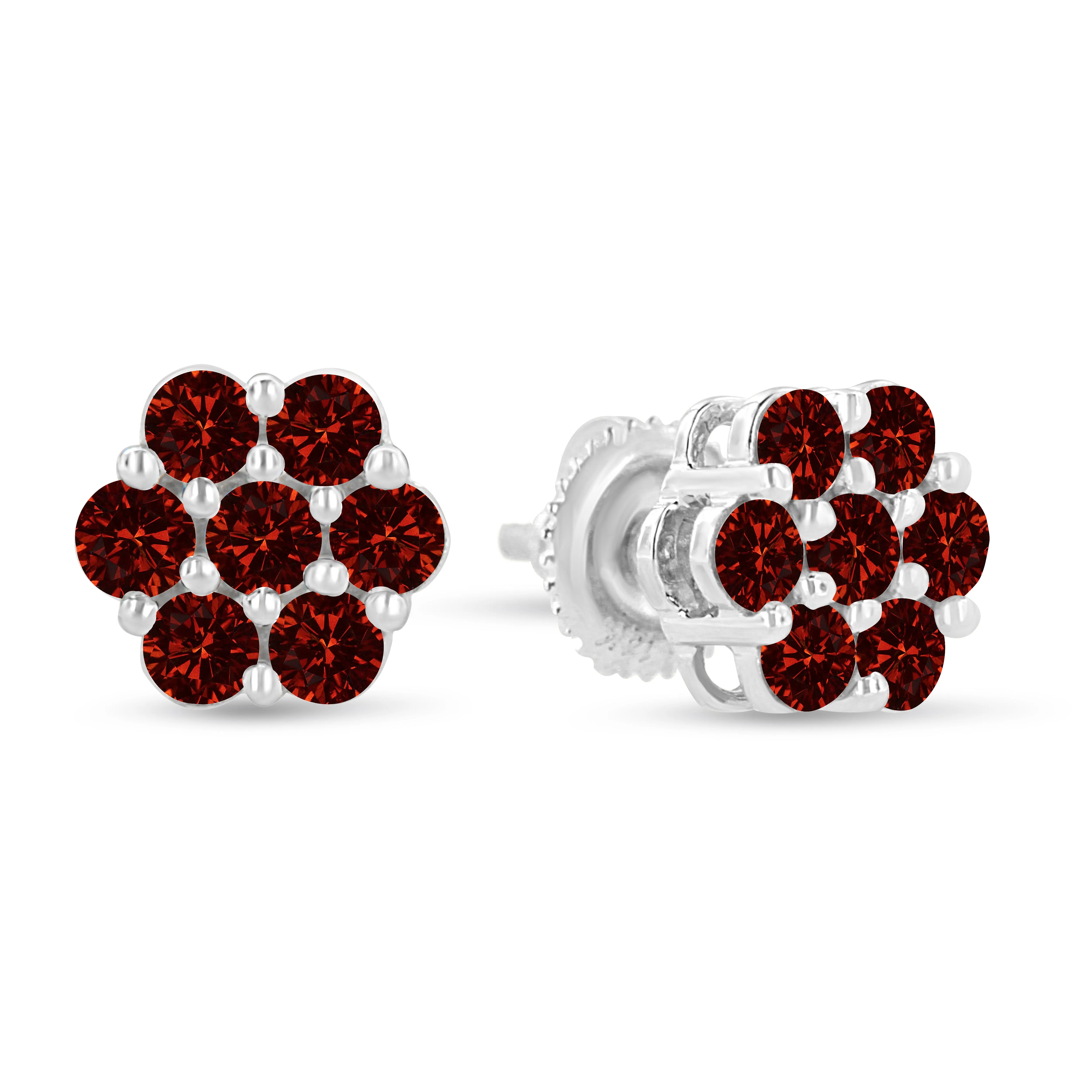 14K White Gold 1.0 Cttw Treated Red Diamond Prong Set 7 Stone Floral Stud Earrings