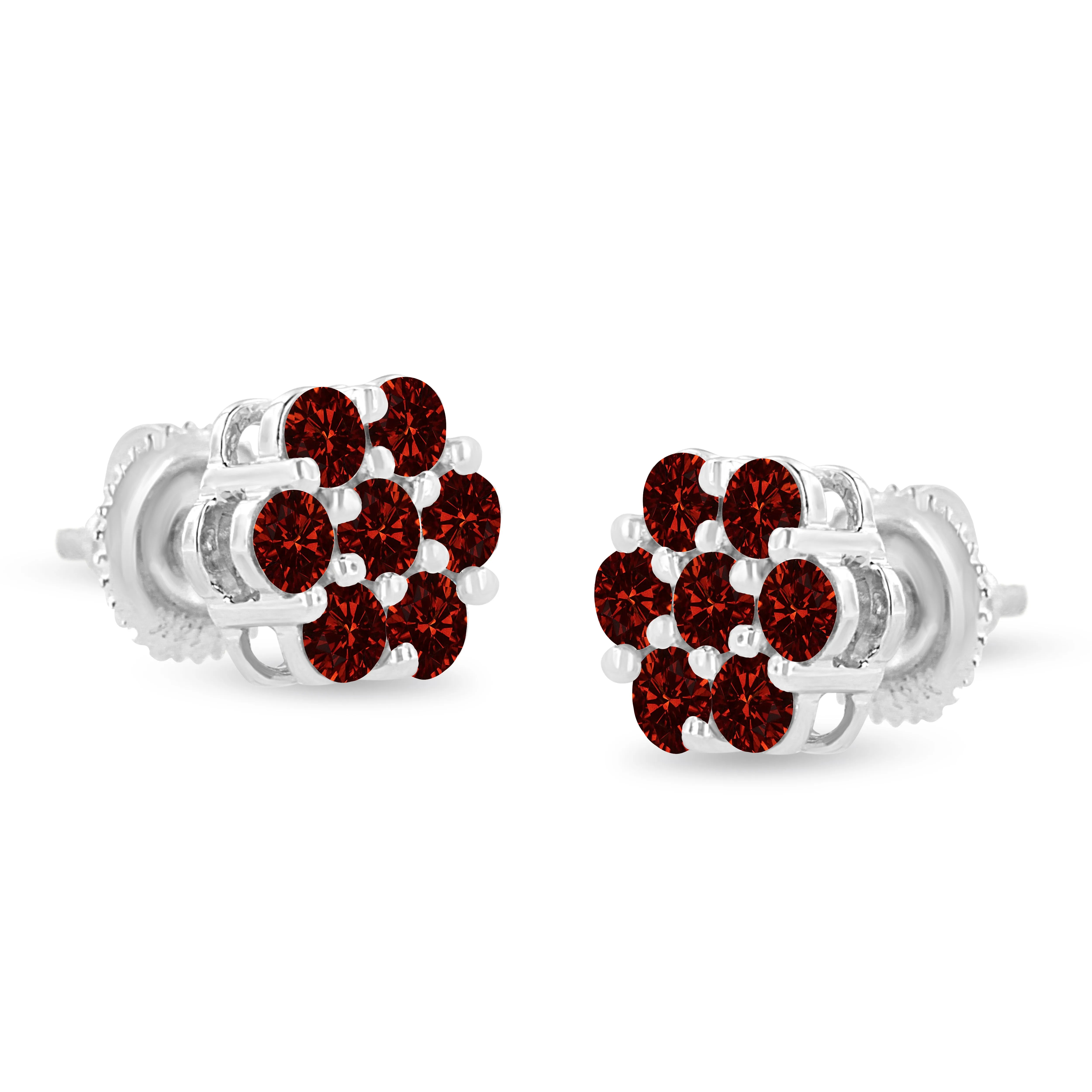 14K White Gold 1.0 Cttw Treated Red Diamond Prong Set 7 Stone Floral Stud Earrings