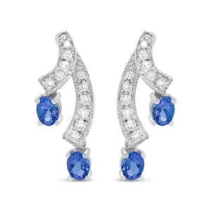 14K White Gold 4x3MM Oval Shaped Natural Blue Tanzanite Gemstone and 1/5 Cttw Diamond Double 3/4" Inch Drop Stud Earrings