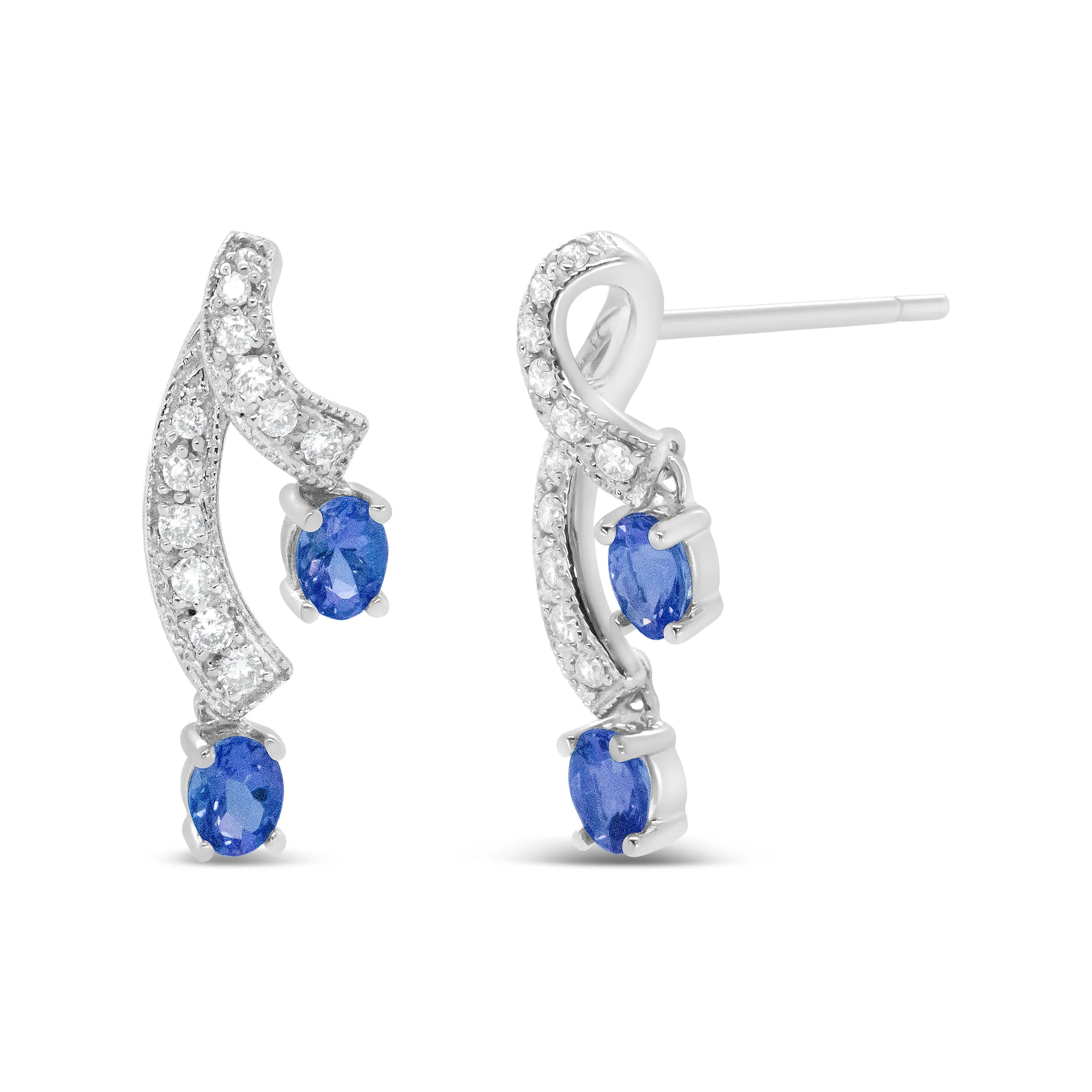 14K White Gold 4x3MM Oval Shaped Natural Blue Tanzanite Gemstone and 1/5 Cttw Diamond Double 3/4" Inch Drop Stud Earrings