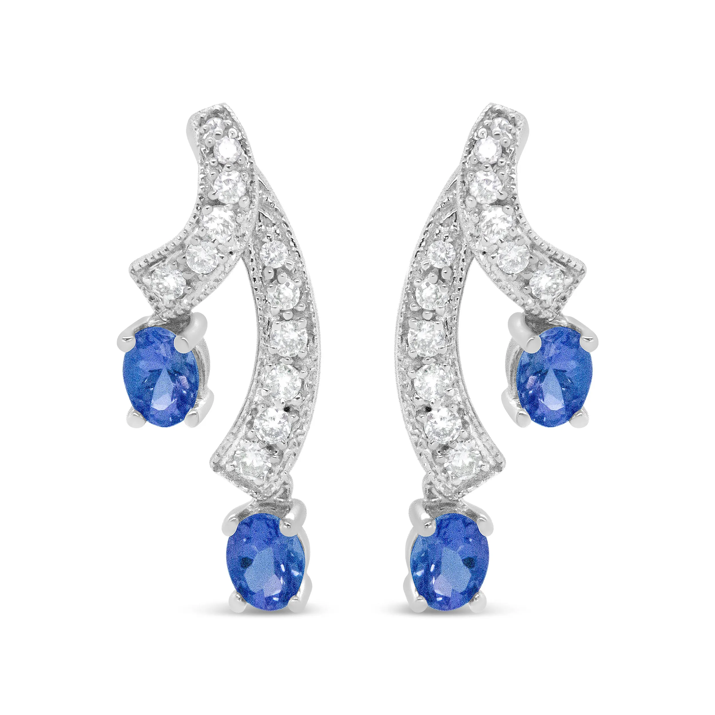 14K White Gold 4x3MM Oval Shaped Natural Blue Tanzanite Gemstone and 1/5 Cttw Diamond Double 3/4" Inch Drop Stud Earrings
