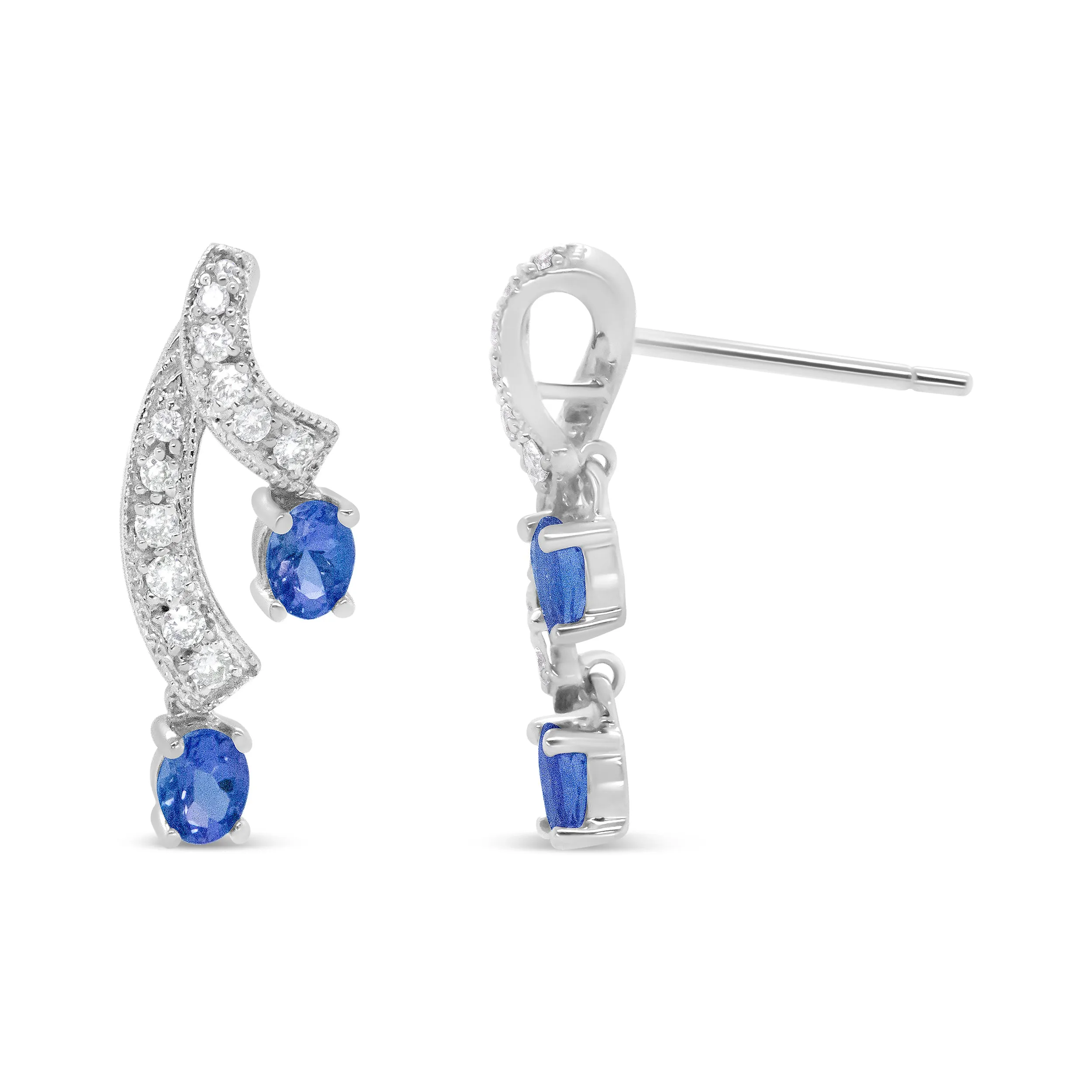 14K White Gold 4x3MM Oval Shaped Natural Blue Tanzanite Gemstone and 1/5 Cttw Diamond Double 3/4" Inch Drop Stud Earrings