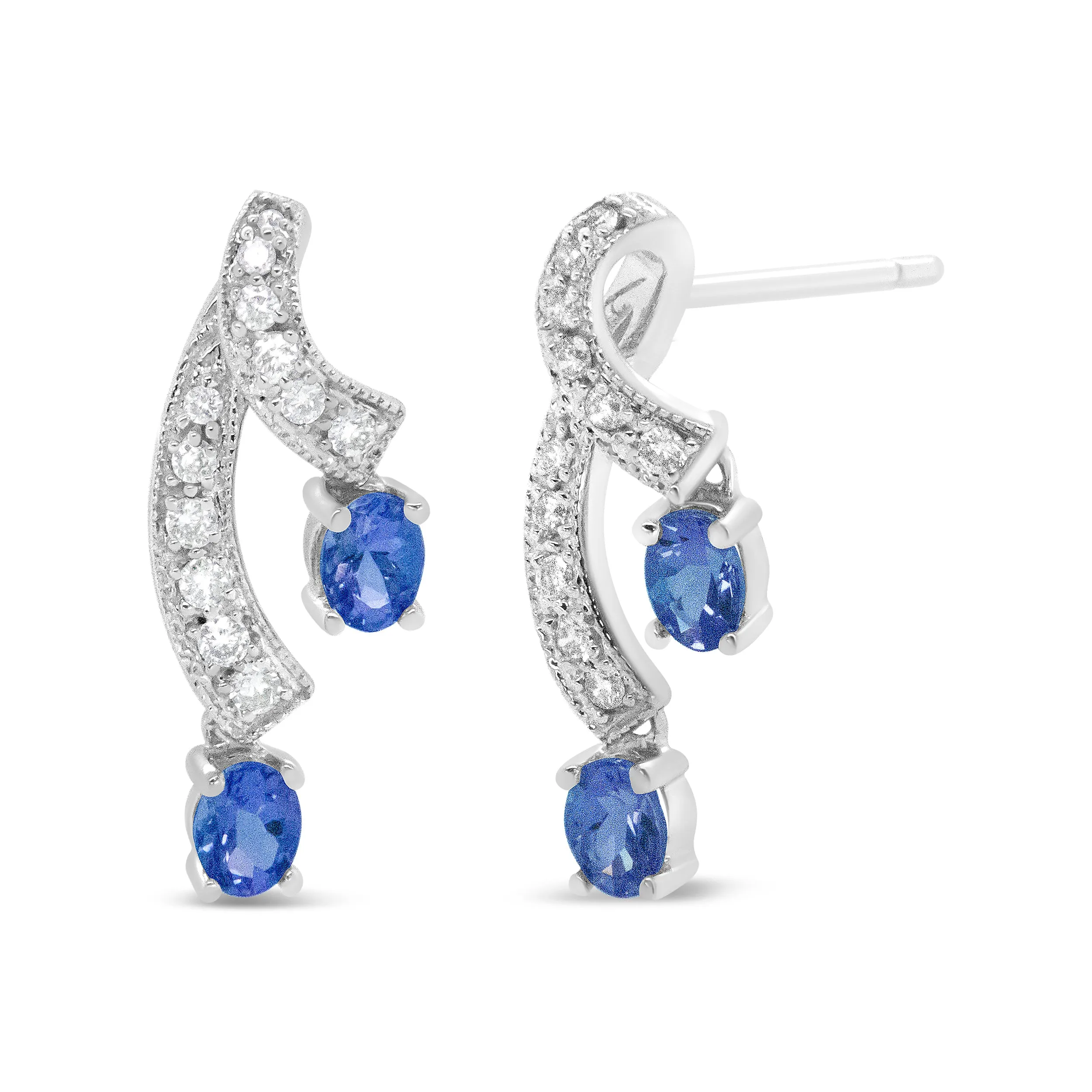 14K White Gold 4x3MM Oval Shaped Natural Blue Tanzanite Gemstone and 1/5 Cttw Diamond Double 3/4" Inch Drop Stud Earrings