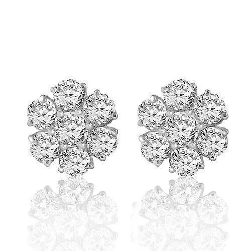 14K White Solid Gold Clarity Enhanced Diamond Cluster Earrings 4.00 Ctw