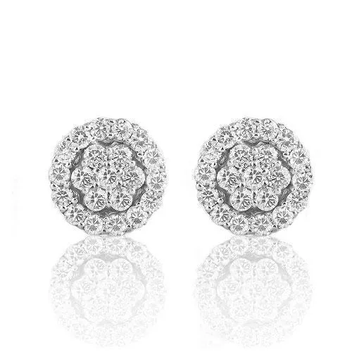 14K White Solid Gold Round Cut Diamond Cluster Earrings 1.5 Ctw