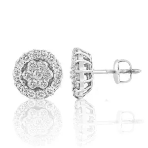 14K White Solid Gold Round Cut Diamond Cluster Earrings 1.5 Ctw