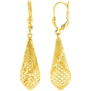 14k Yellow Gold Textured Teardrop Dangle Drop Earrings, 10mm