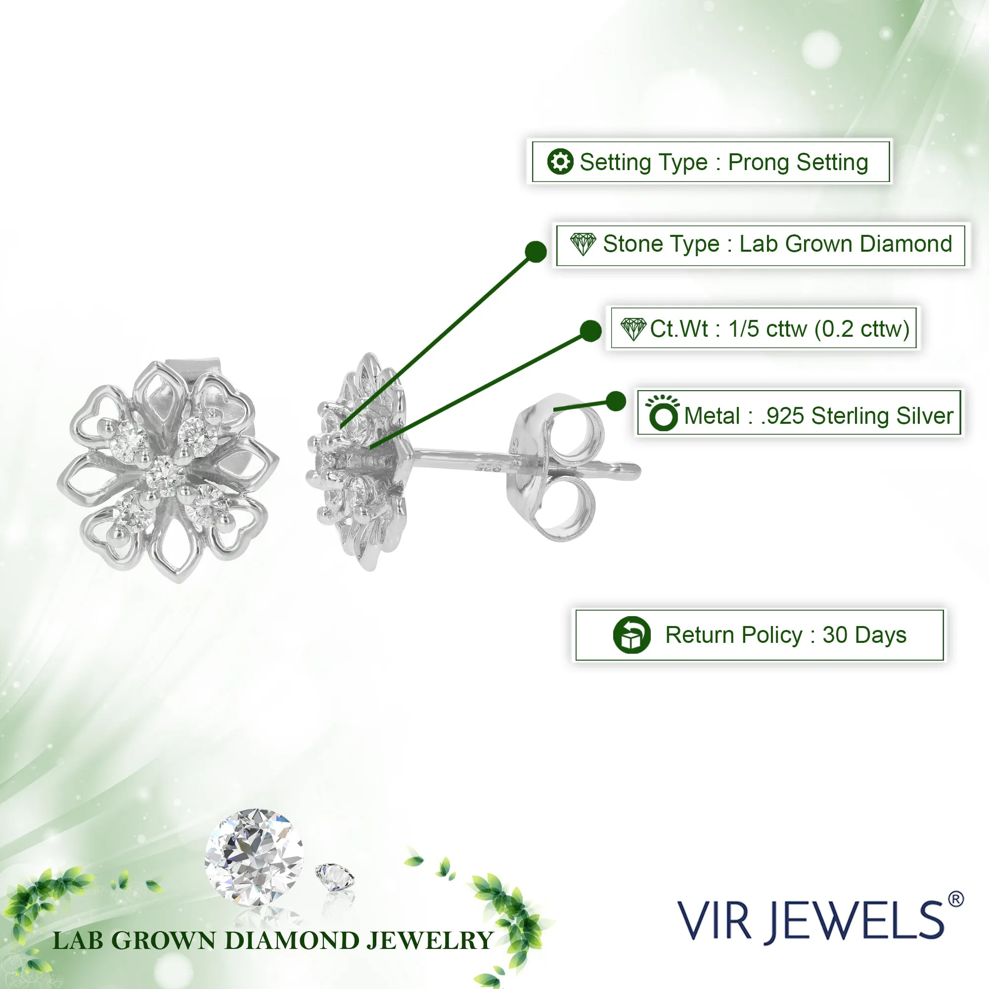1/5 cttw Lab Grown Diamond Floral Stud Earrings Sterling Silver