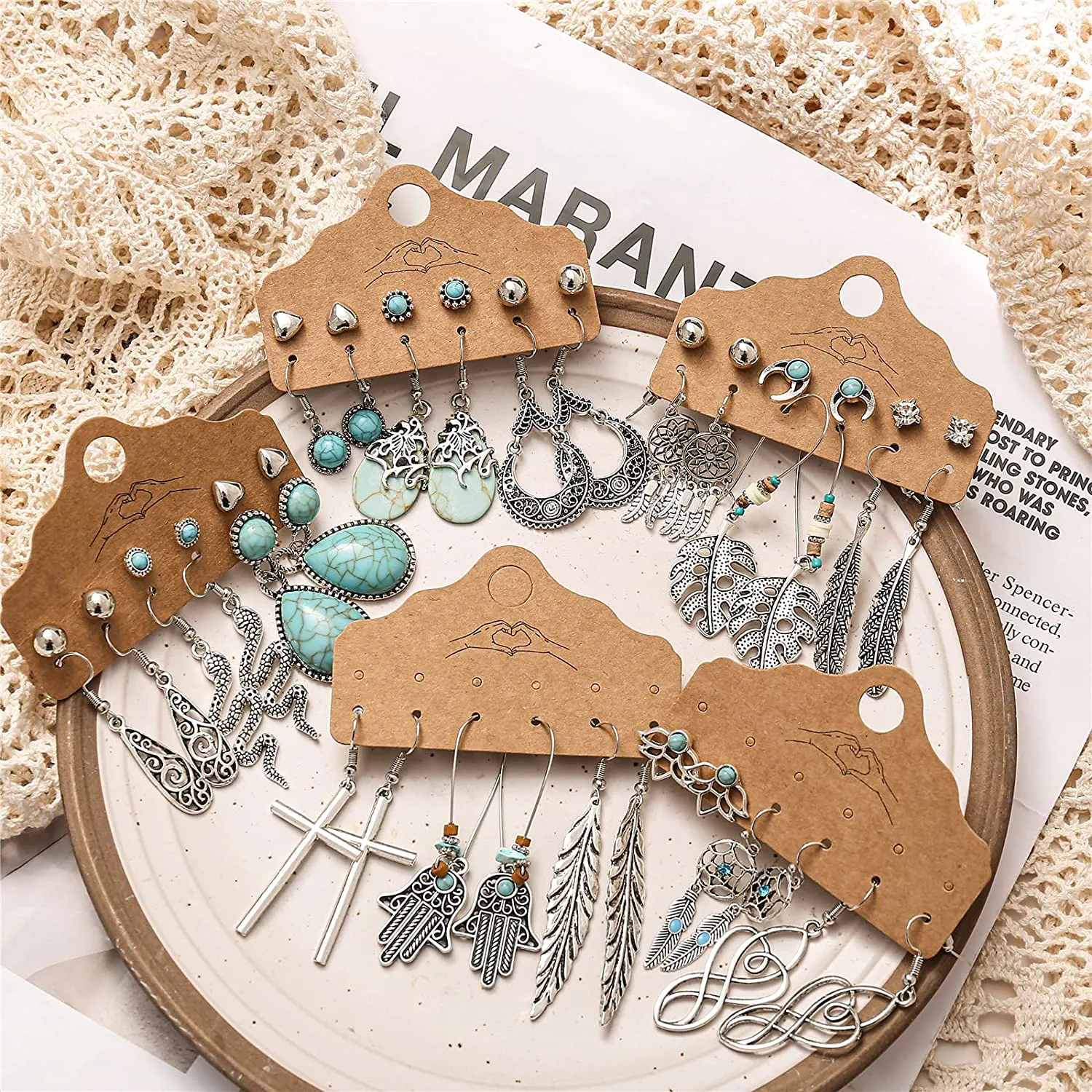 45 Pairs Bohemian Silver Drop Dangle Earrings Set for Women/Girl, Hypoallergenic Fashion Vintage Bronze Waterdrop Dangling Earrings Jewelry for Birthday/Christmas Gift