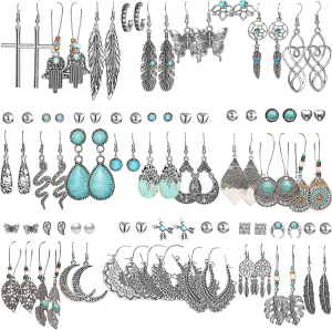 45 Pairs Bohemian Silver Drop Dangle Earrings Set for Women/Girl, Hypoallergenic Fashion Vintage Bronze Waterdrop Dangling Earrings Jewelry for Birthday/Christmas Gift