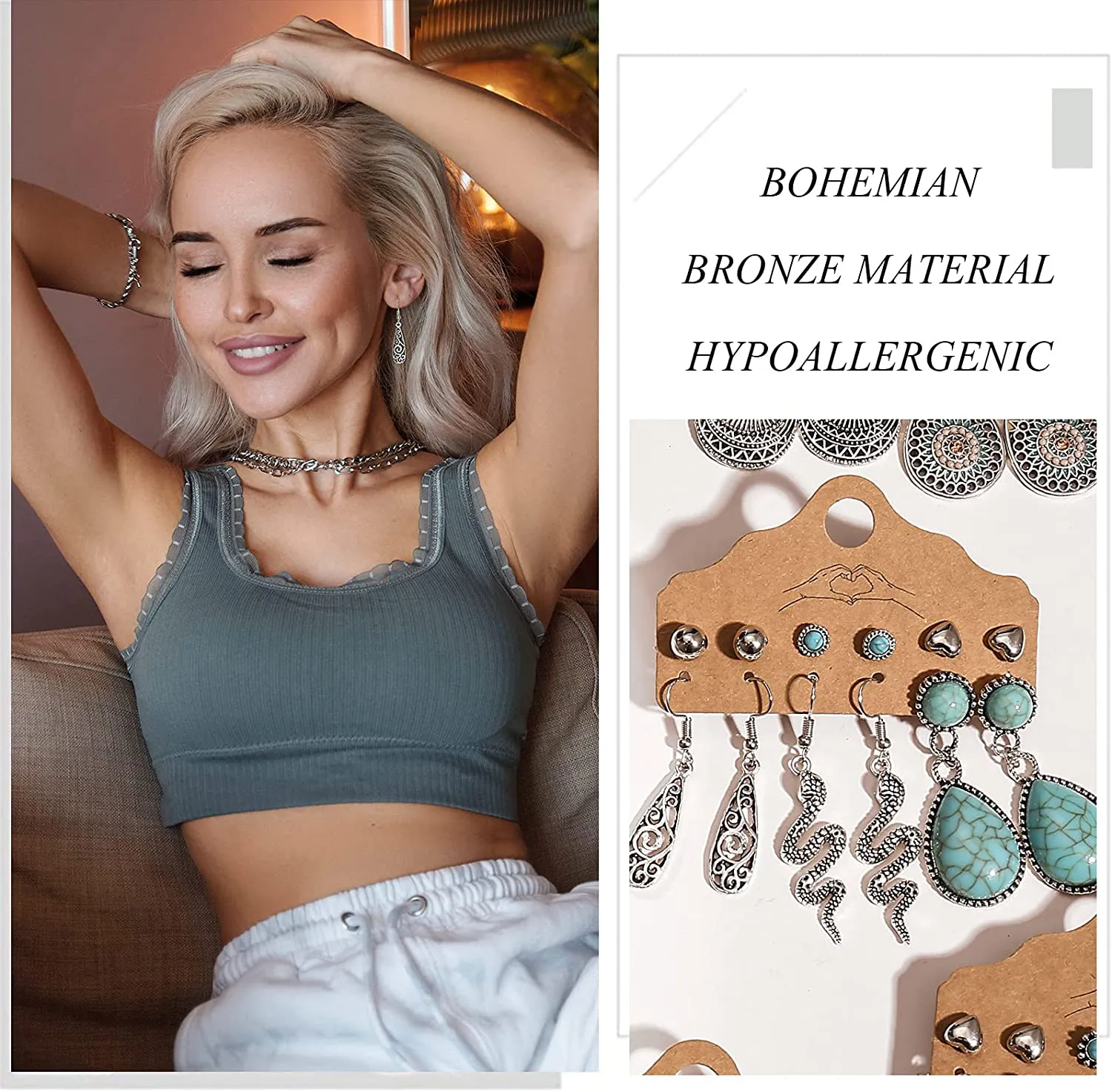 45 Pairs Bohemian Silver Drop Dangle Earrings Set for Women/Girl, Hypoallergenic Fashion Vintage Bronze Waterdrop Dangling Earrings Jewelry for Birthday/Christmas Gift