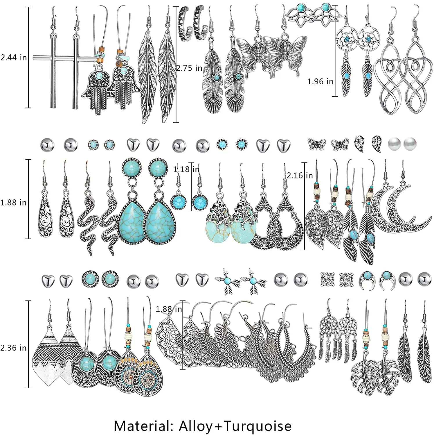 45 Pairs Bohemian Silver Drop Dangle Earrings Set for Women/Girl, Hypoallergenic Fashion Vintage Bronze Waterdrop Dangling Earrings Jewelry for Birthday/Christmas Gift