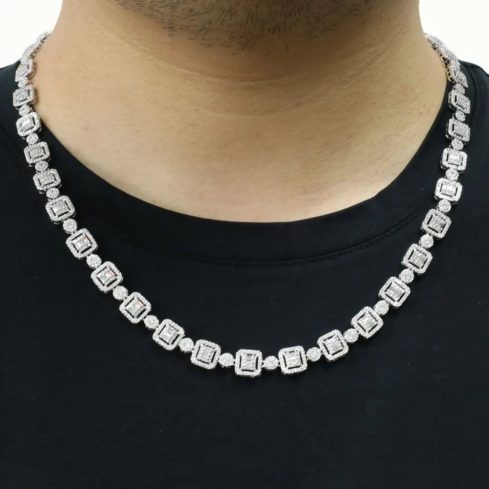 .925 Sterling Silver Baguette and Cluster Link CZ Iced Bling Chain