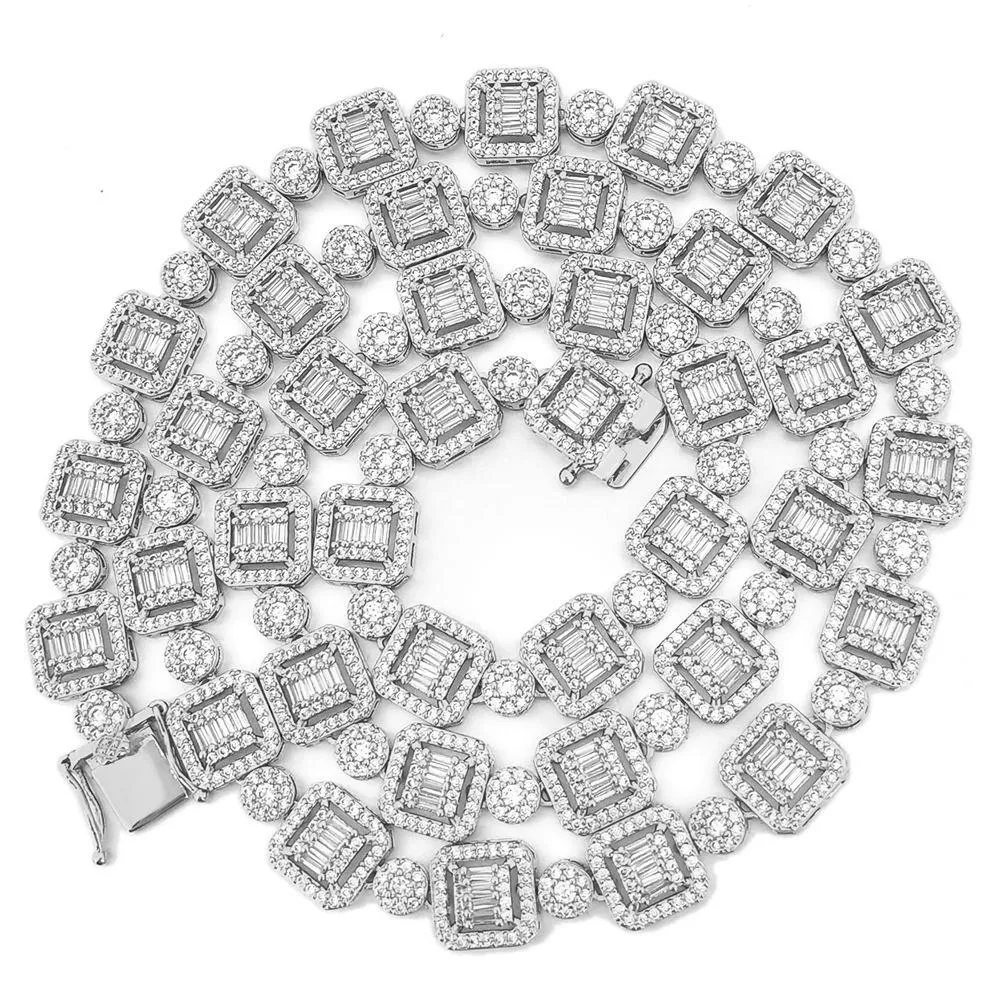 .925 Sterling Silver Baguette and Cluster Link CZ Iced Bling Chain
