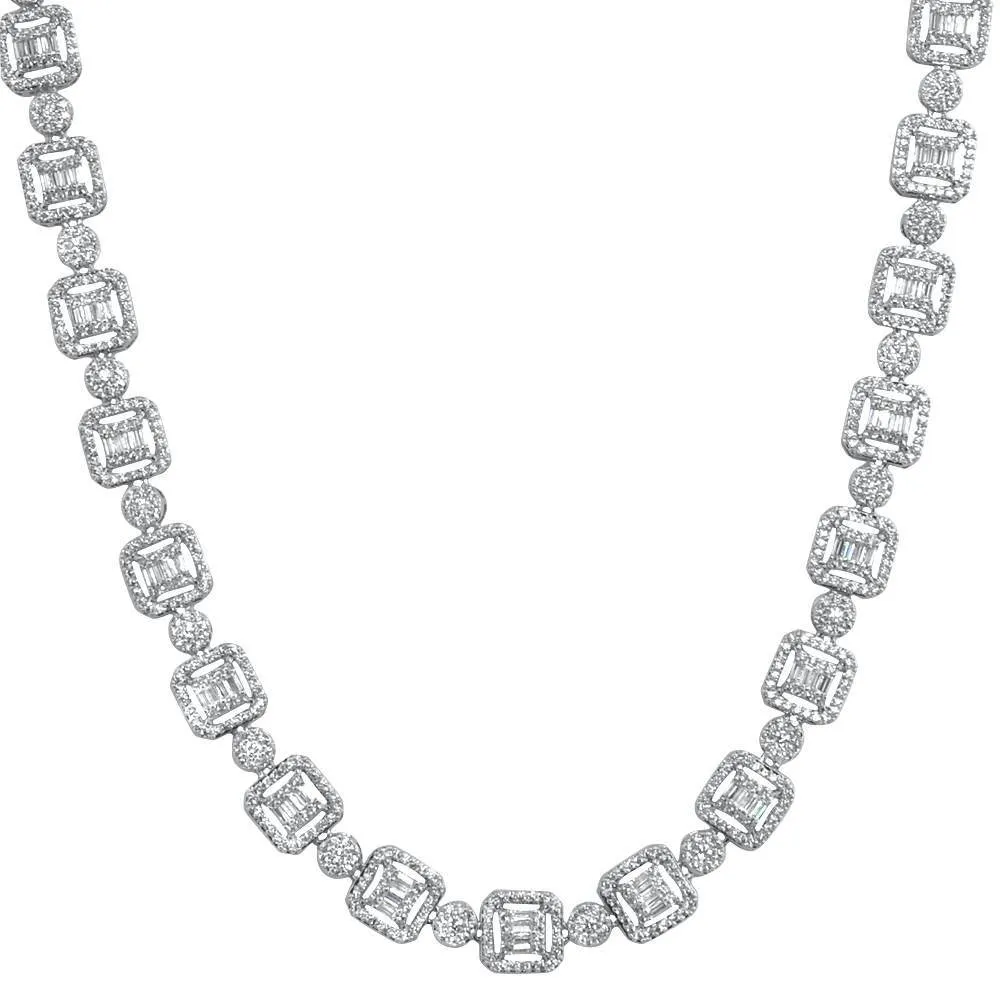 .925 Sterling Silver Baguette and Cluster Link CZ Iced Bling Chain