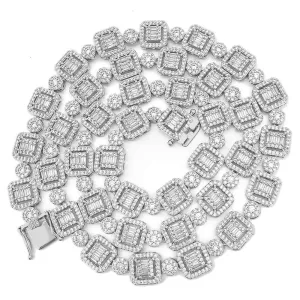 .925 Sterling Silver Baguette and Cluster Link CZ Iced Bling Chain