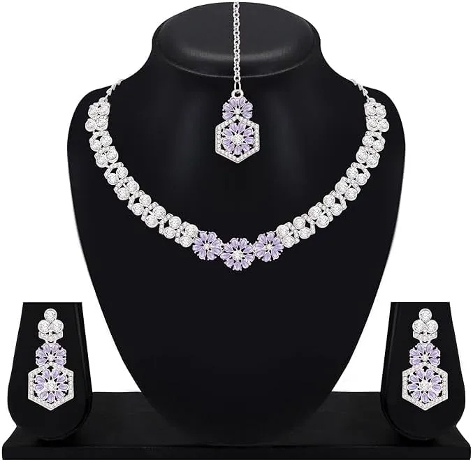 AD Studded Engagement Necklace Earrings Maang Tikka Set