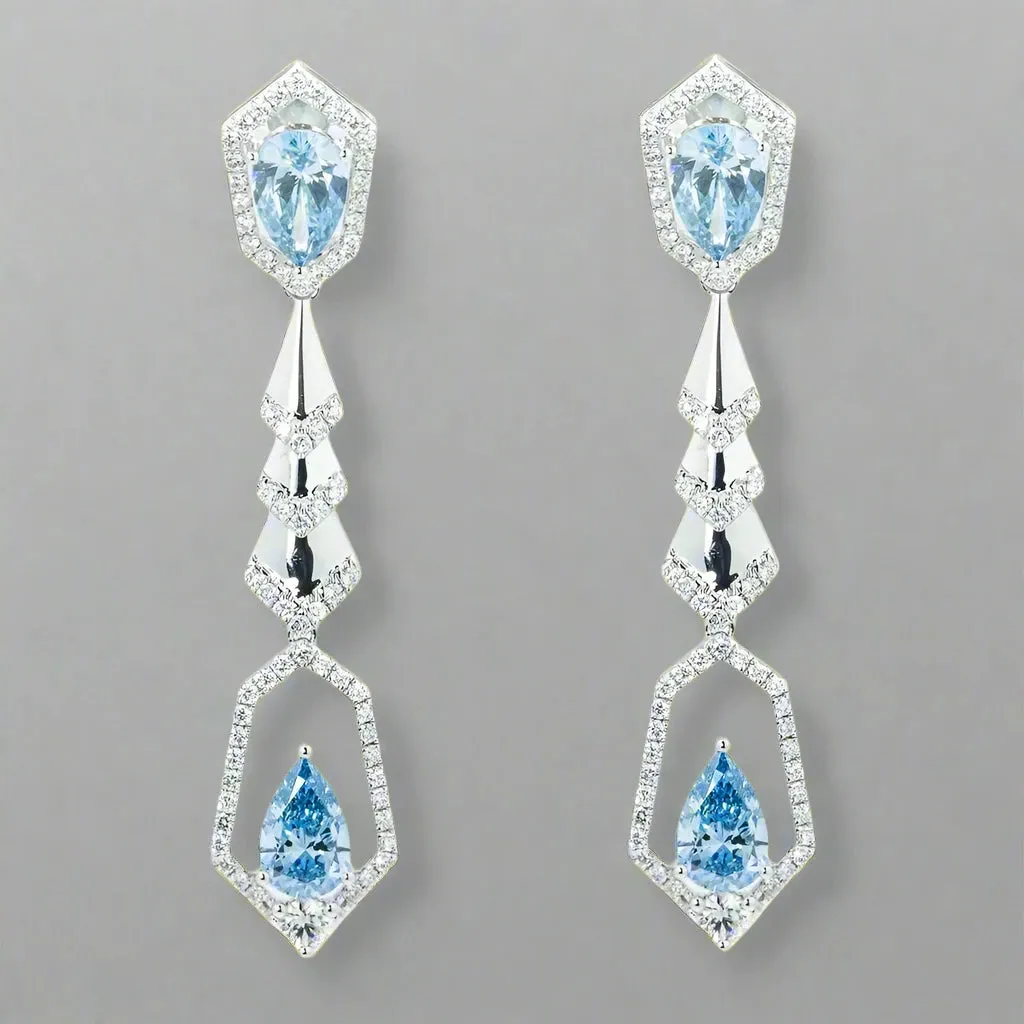Adalee 6 Carats Long Lab Grown Earrings Fancy Vivid Blue Diamond Geometric Drop Earrings in 18K White Gold