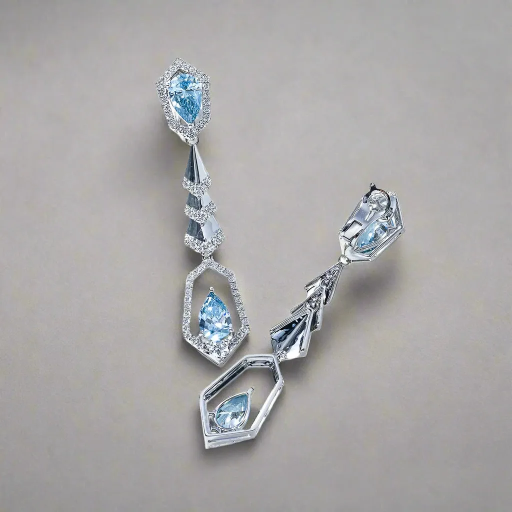 Adalee 6 Carats Long Lab Grown Earrings Fancy Vivid Blue Diamond Geometric Drop Earrings in 18K White Gold