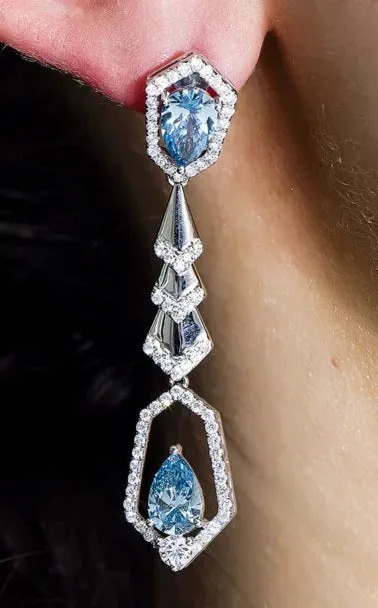 Adalee 6 Carats Long Lab Grown Earrings Fancy Vivid Blue Diamond Geometric Drop Earrings in 18K White Gold