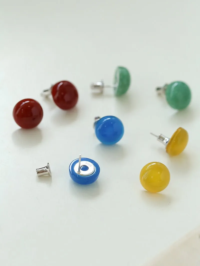 Aventurine Stone Onyx Hemispheric Sterling Silver Stud Earrings