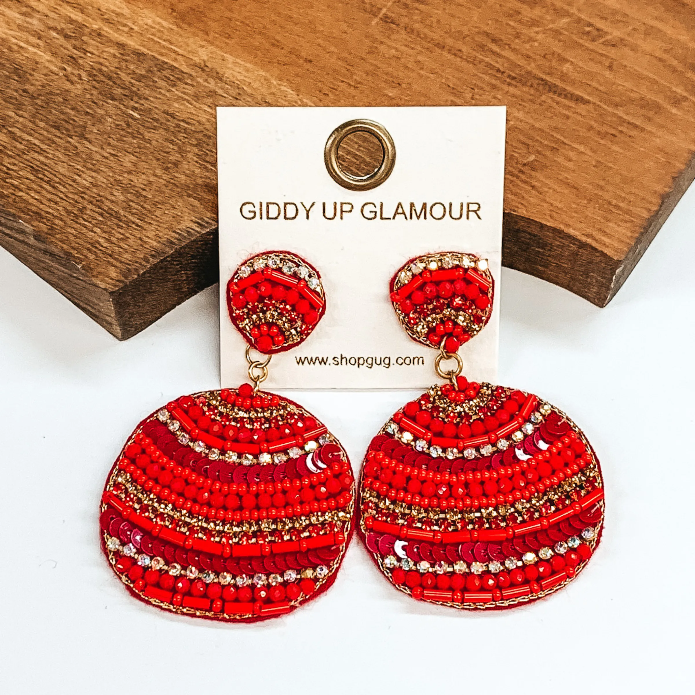 Beaded Circle Drop Earrings in Red