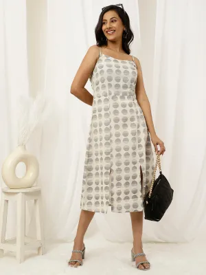 Beige And Black Printed Strappy Cotton Dress With Slits