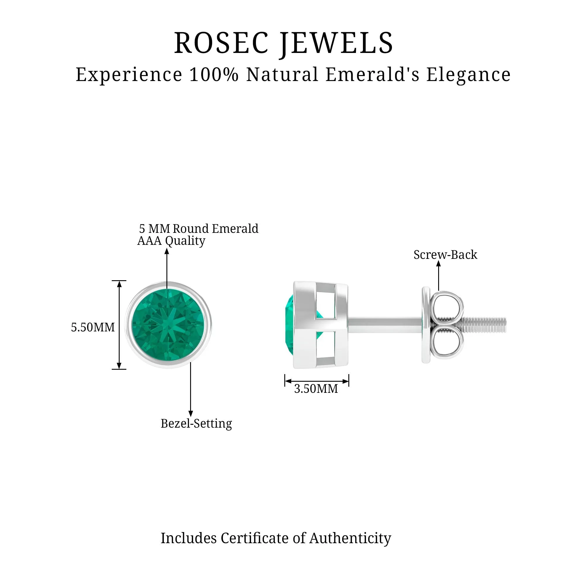 Bezel Set Emerald Solitaire Stud Earrings