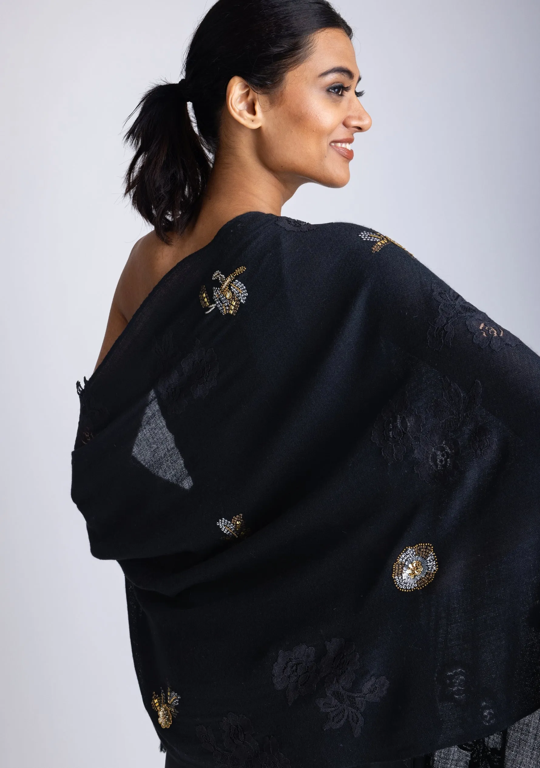 Black Cashmere Scarf with Metalic Hand-Embroidery and Black Floral Lace Appliques