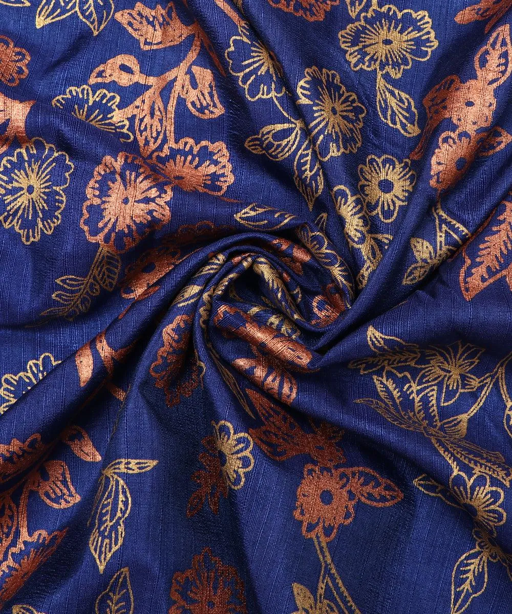 Blue Colour Floral Pattern Chanderi Silk Fabric
