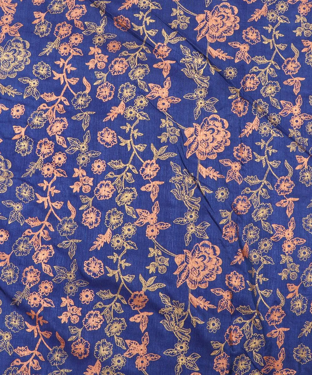 Blue Colour Floral Pattern Chanderi Silk Fabric