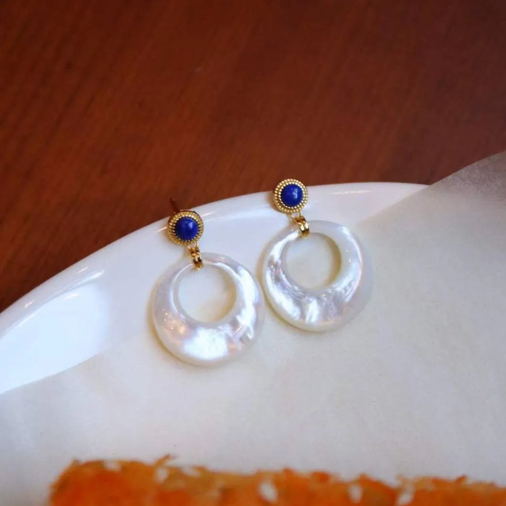 Blue Lapis Lazuli Circle Mother of Pearls Earrings Gold Vermeil