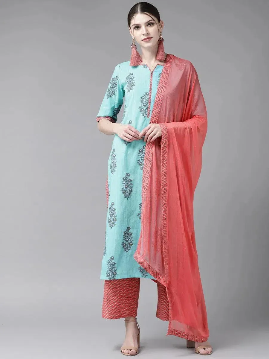Blue Printed Cotton Straight Kurta With Palazzos & Dupatta