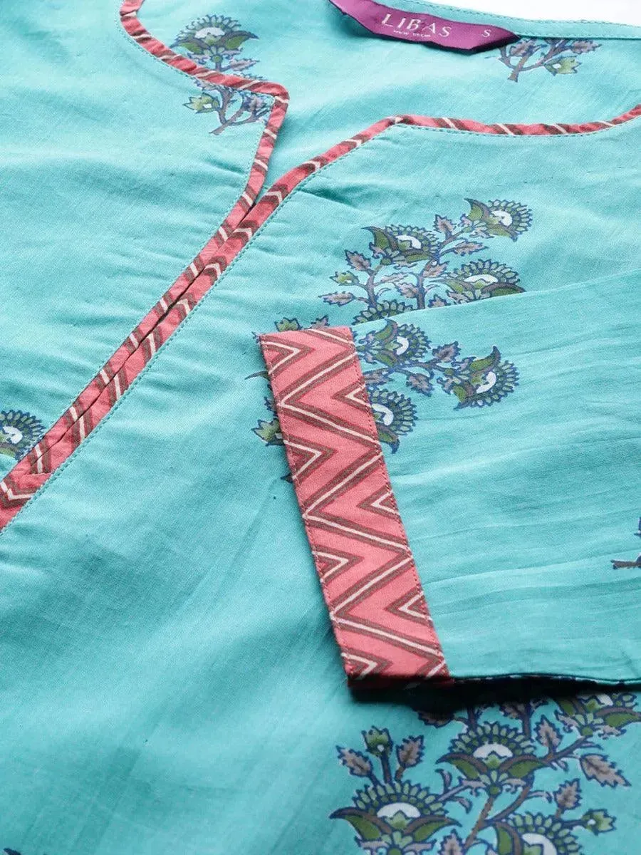 Blue Printed Cotton Straight Kurta With Palazzos & Dupatta