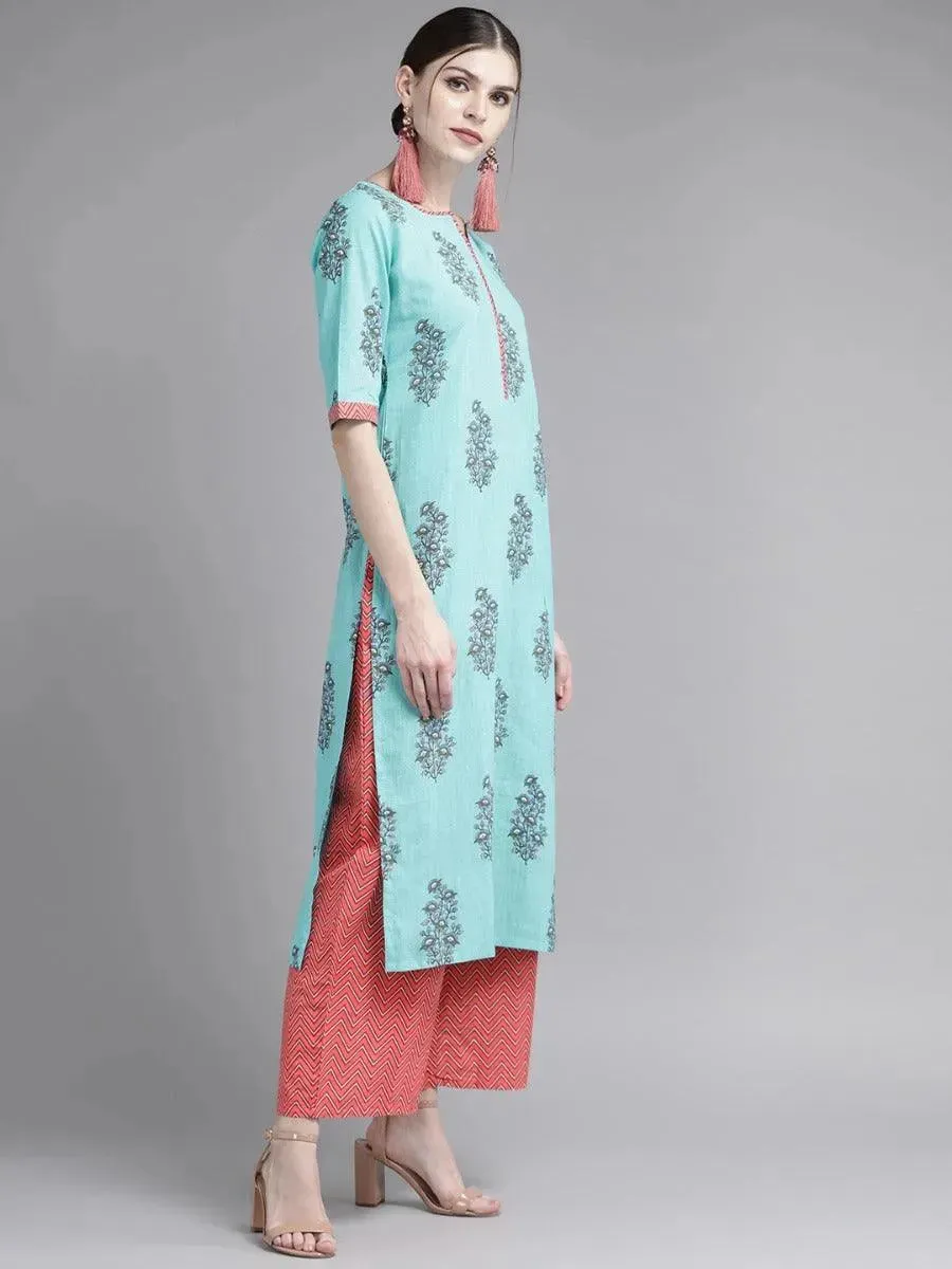 Blue Printed Cotton Straight Kurta With Palazzos & Dupatta