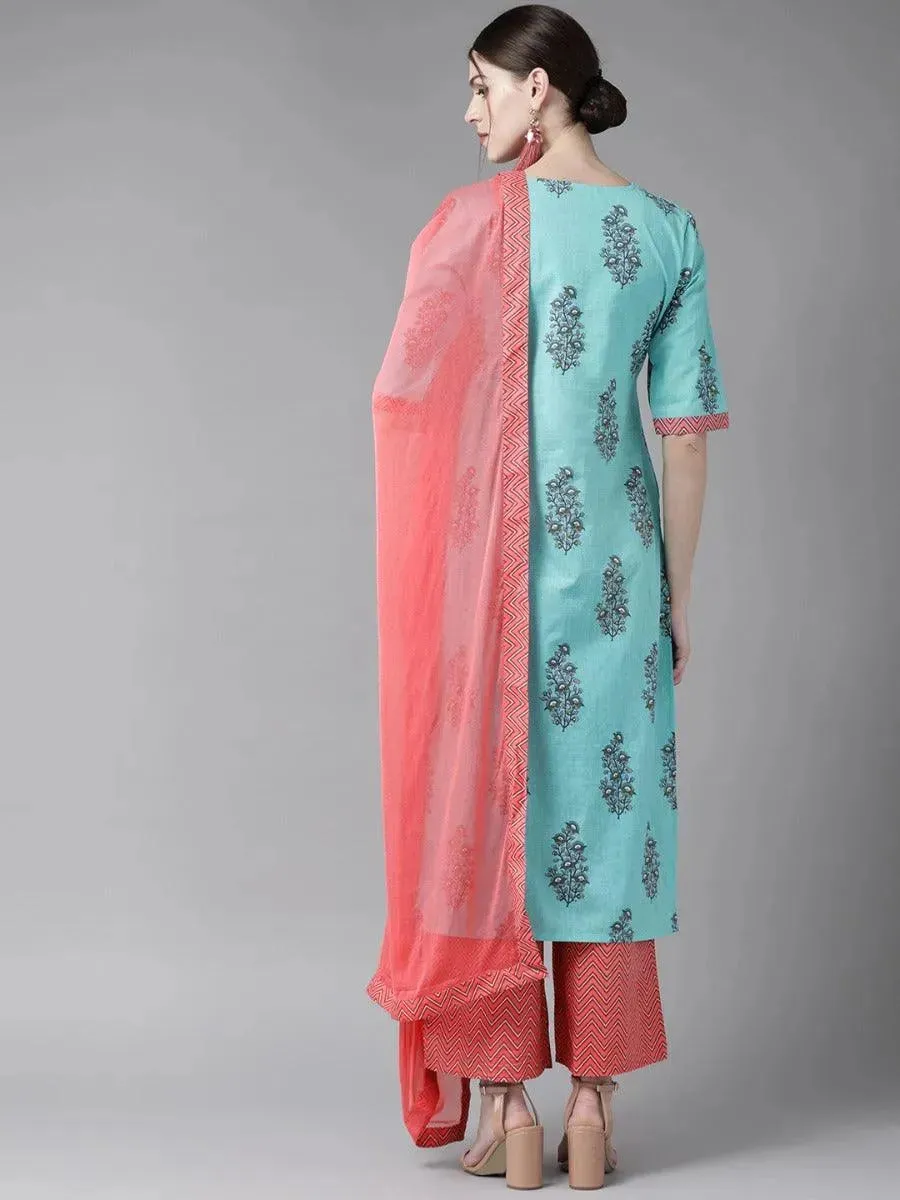 Blue Printed Cotton Straight Kurta With Palazzos & Dupatta